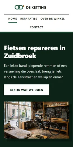 Dezelfde site op een telefoon: de kop, de knop en de foto onder elkaar