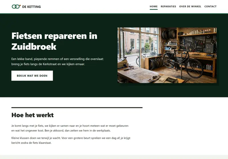 Een nieuw ontwerp voor dezelfde verzonnen fietsenmaker: een grote kop, een foto van de werkplaats en een duidelijke knop